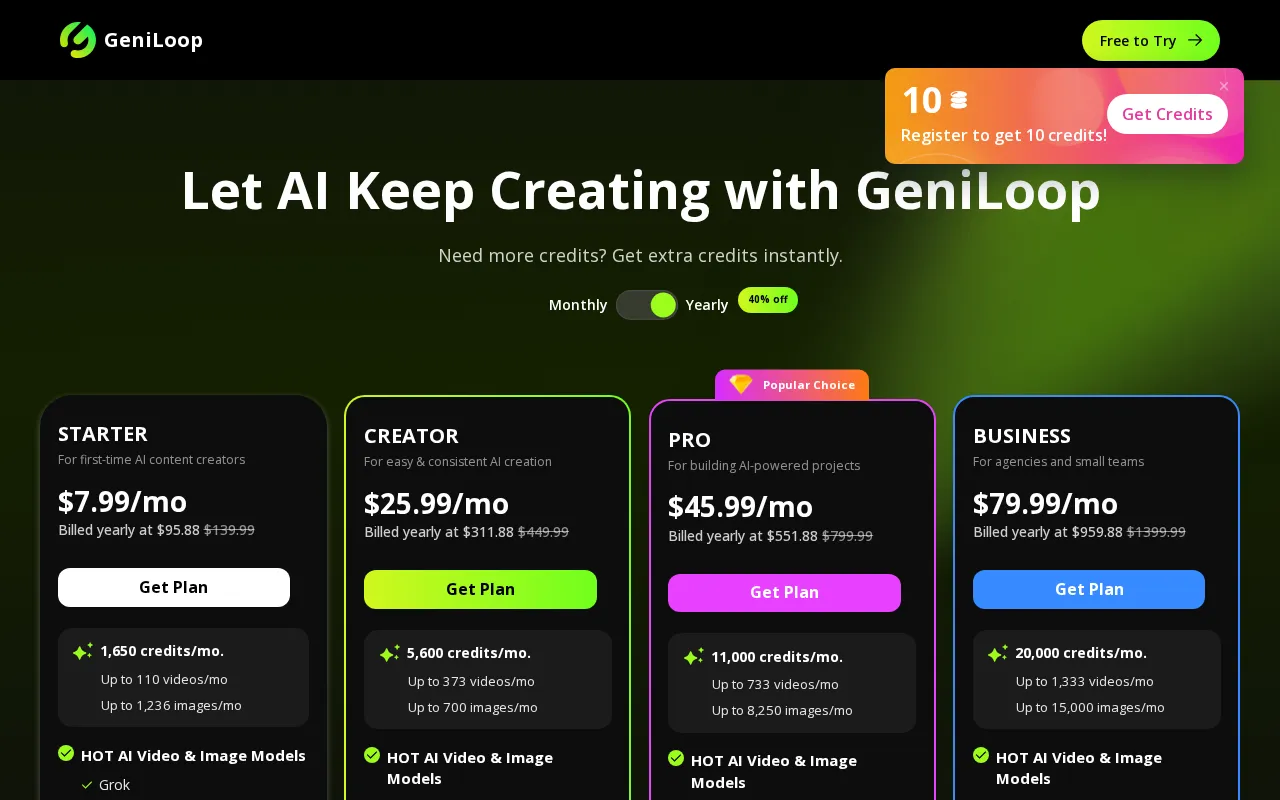 GeniLoop — pricing page
