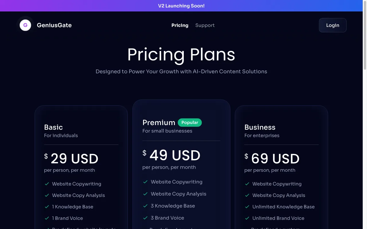GeniusGate — pricing page