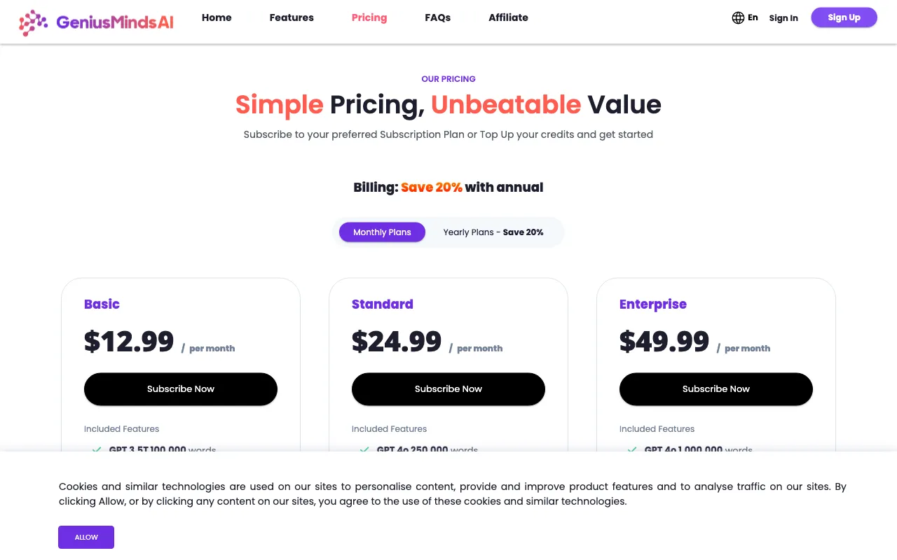 GeniusMindsAI — pricing page
