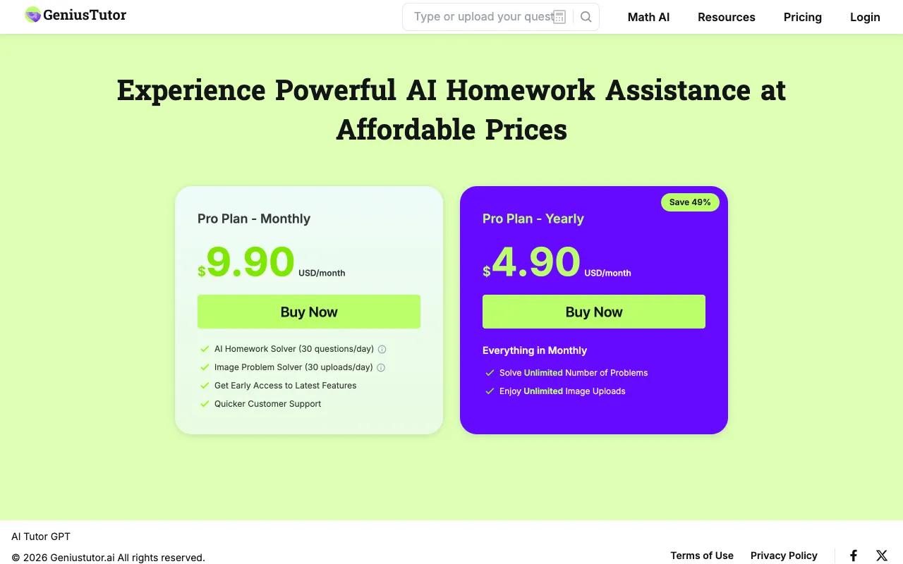 GeniusTutor ai — pricing page