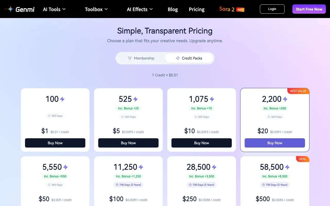 Genmi AI — pricing page