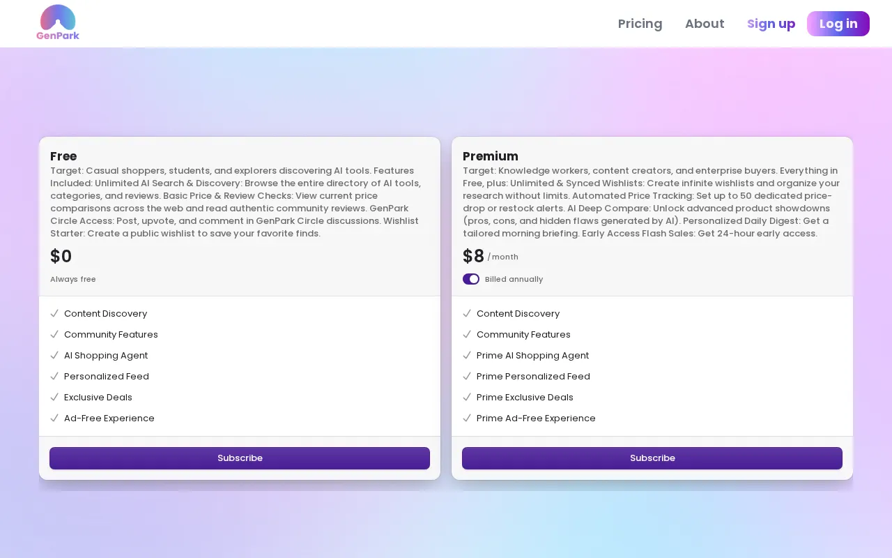 GenPark — pricing page