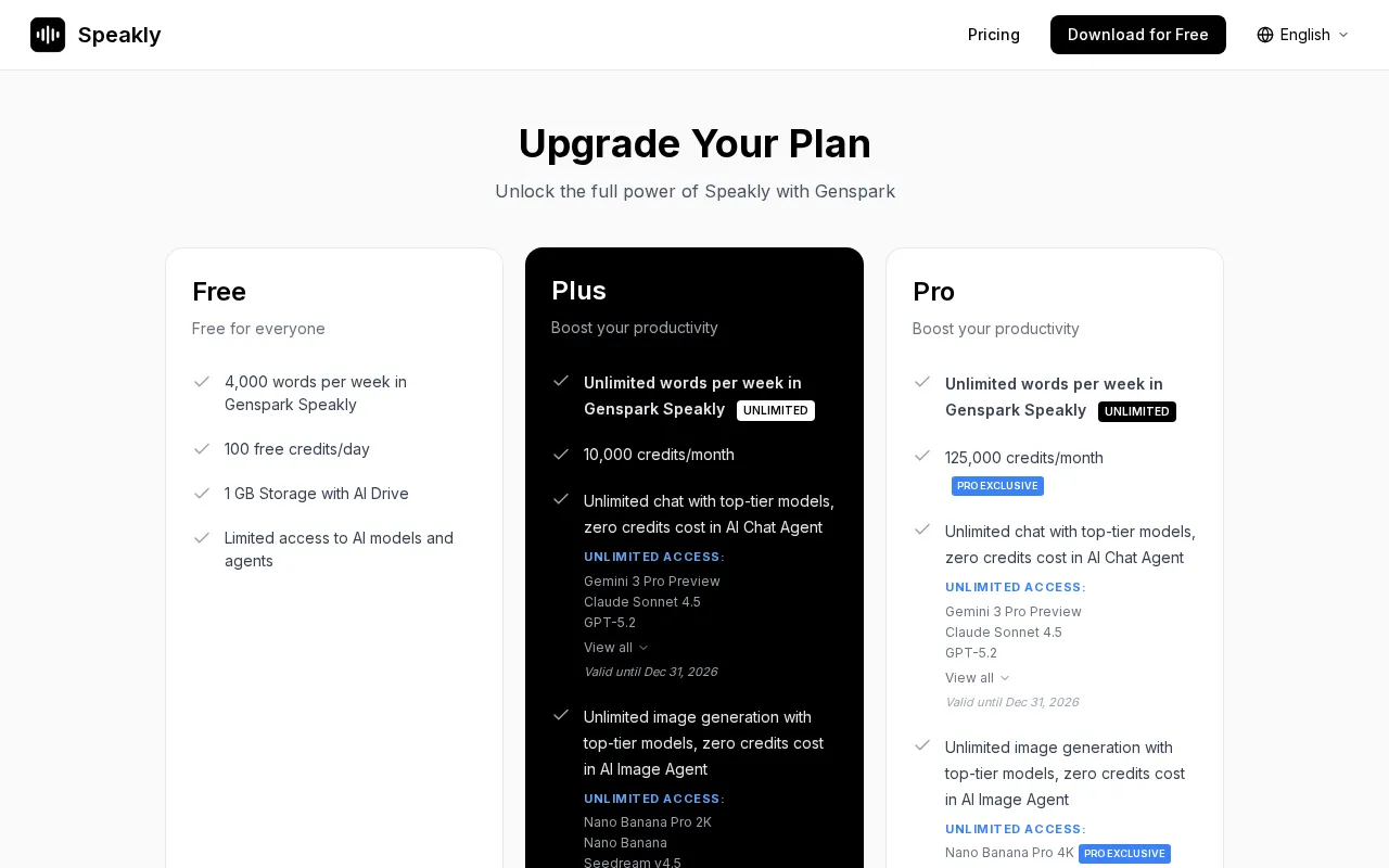 Genspark Speakly — pricing page