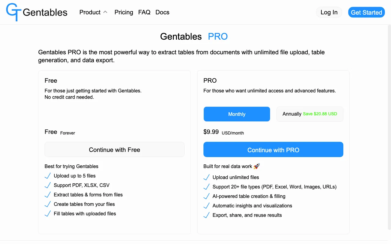 Gentables — pricing page