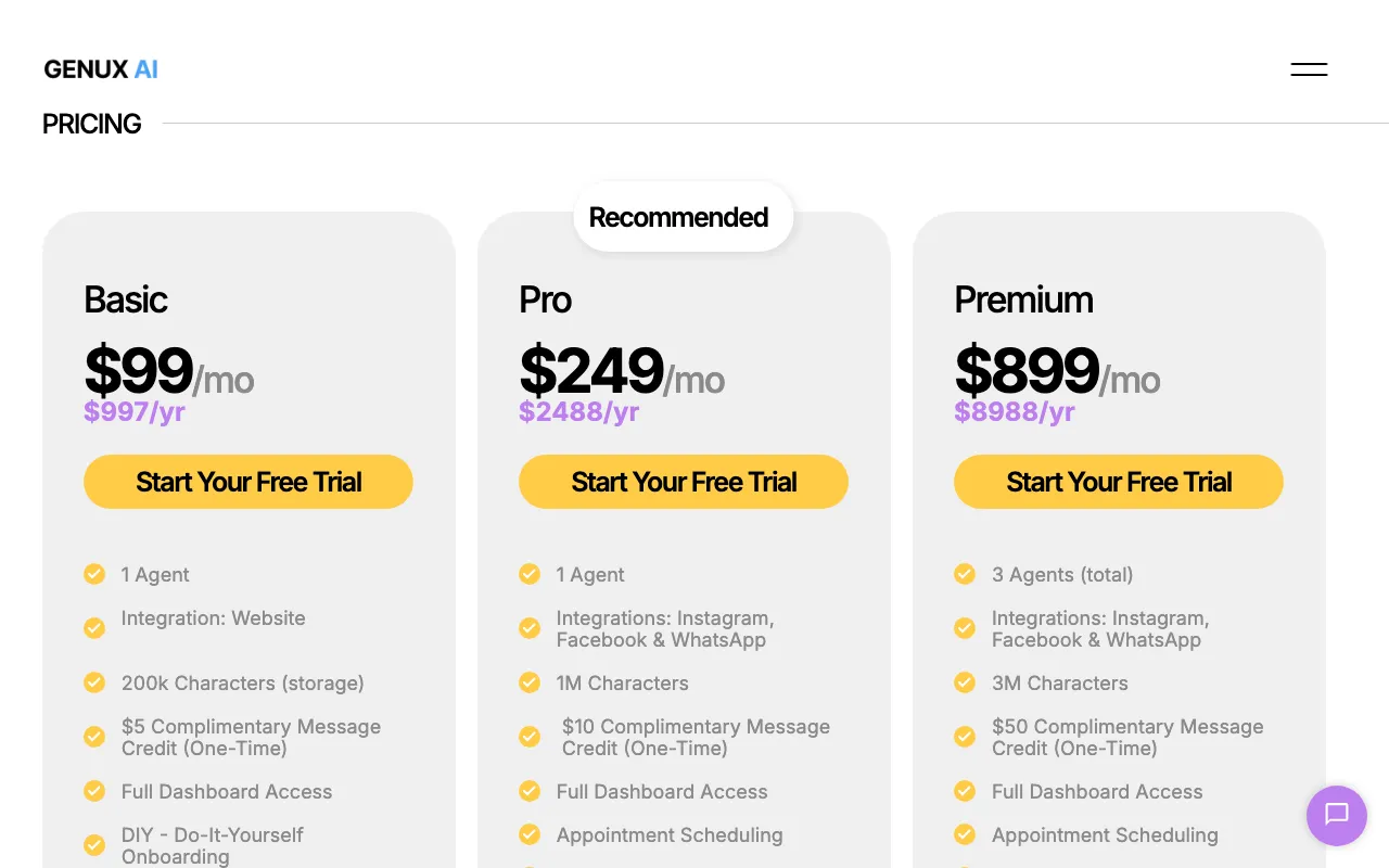 Genux Ai — pricing page