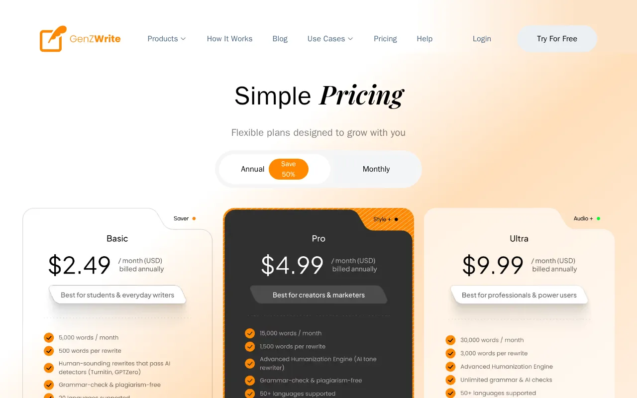 GenZWrite — pricing page