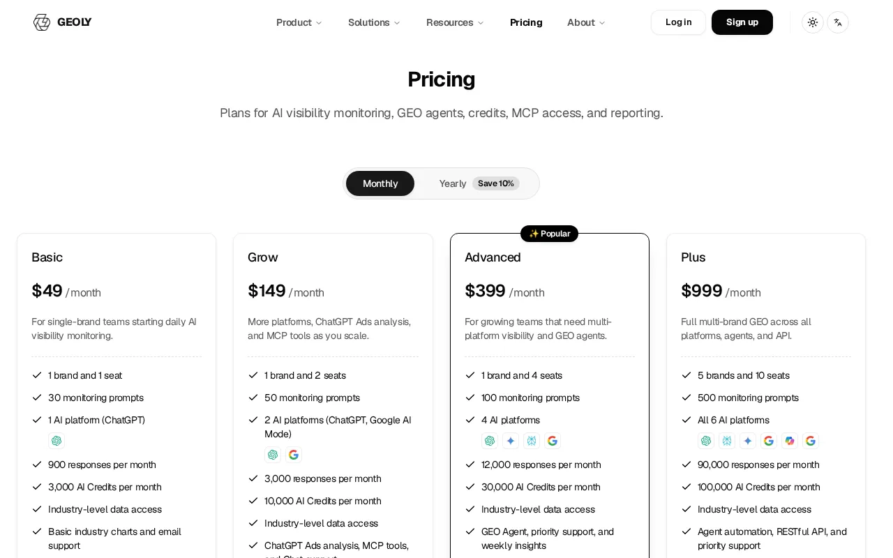 GEOly AI — pricing page