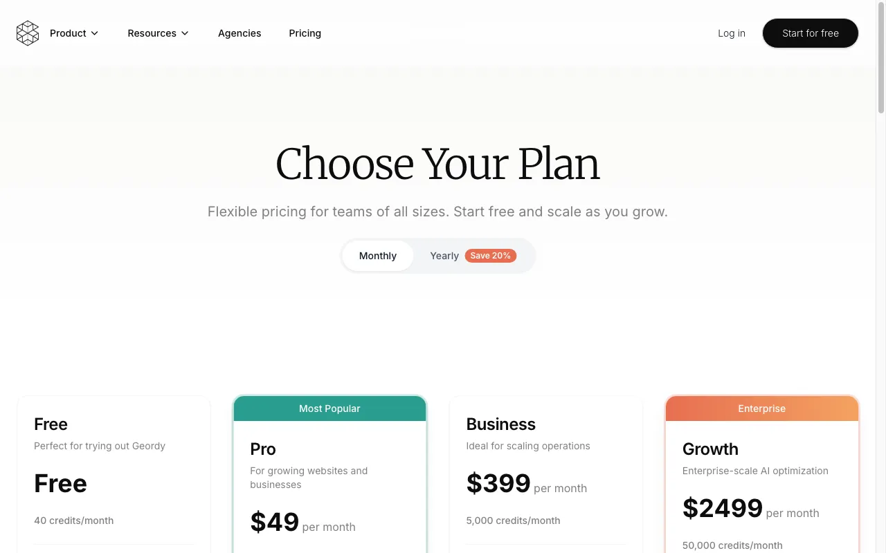 Geordy AI — pricing page
