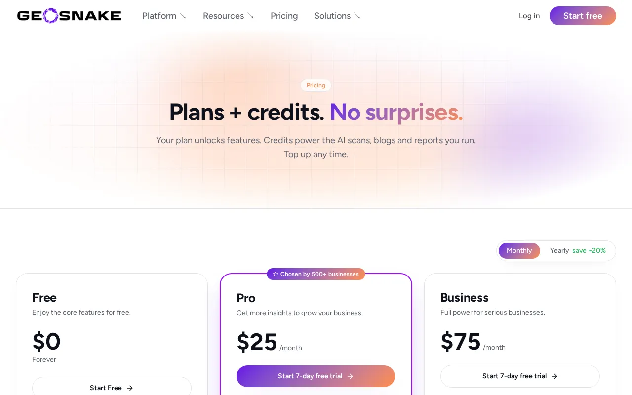 GeoSnake — pricing page