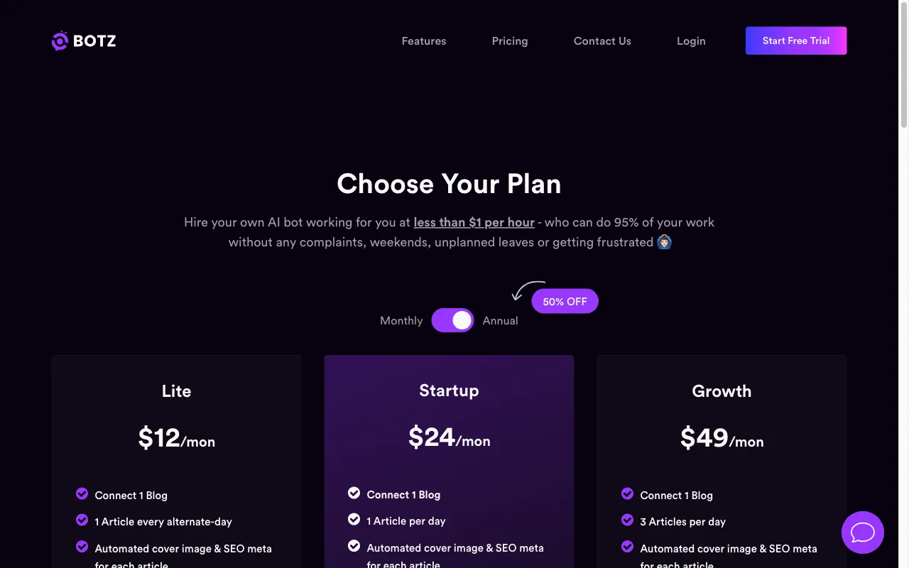 GetBotz — pricing page