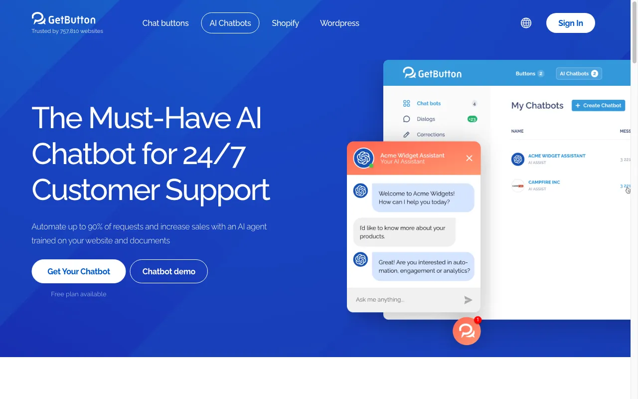 GetButton AI Chatbots for Websites — preview screenshot