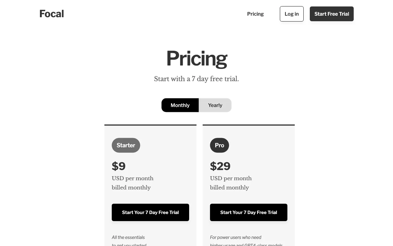 Getfocal — pricing page