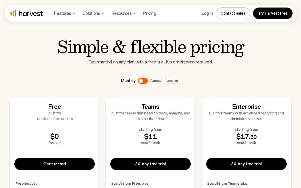 Getharvest — pricing page
