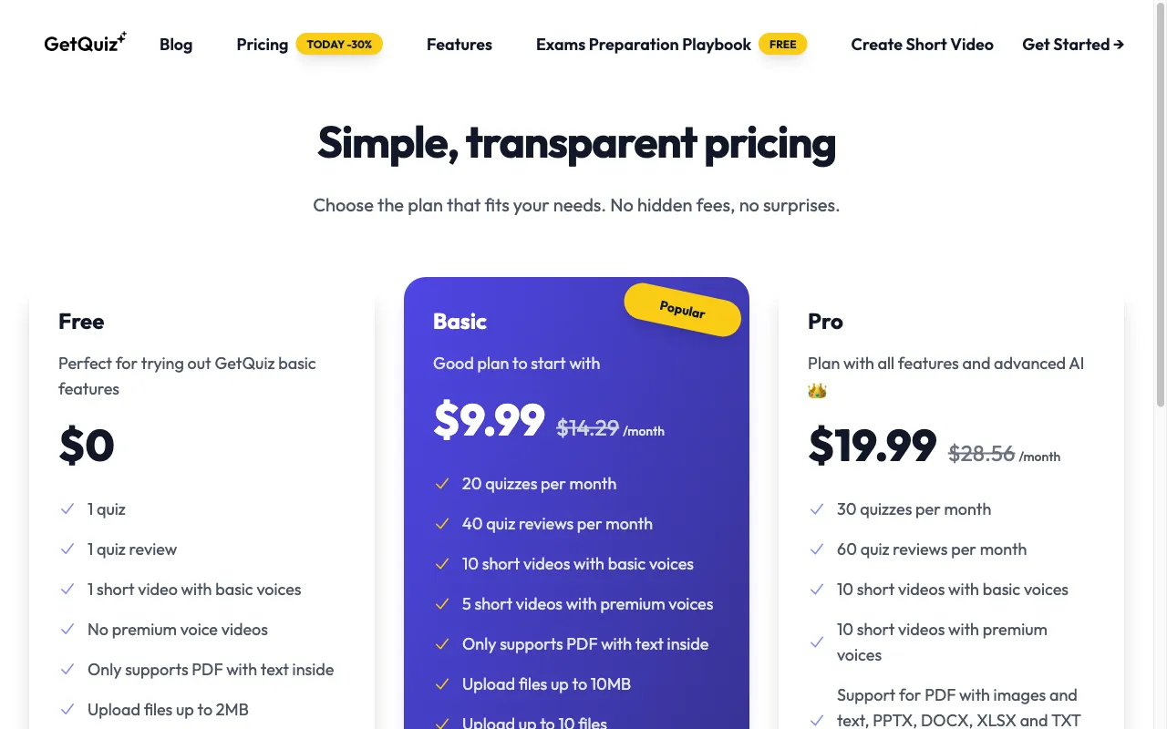 GetQuiz — pricing page