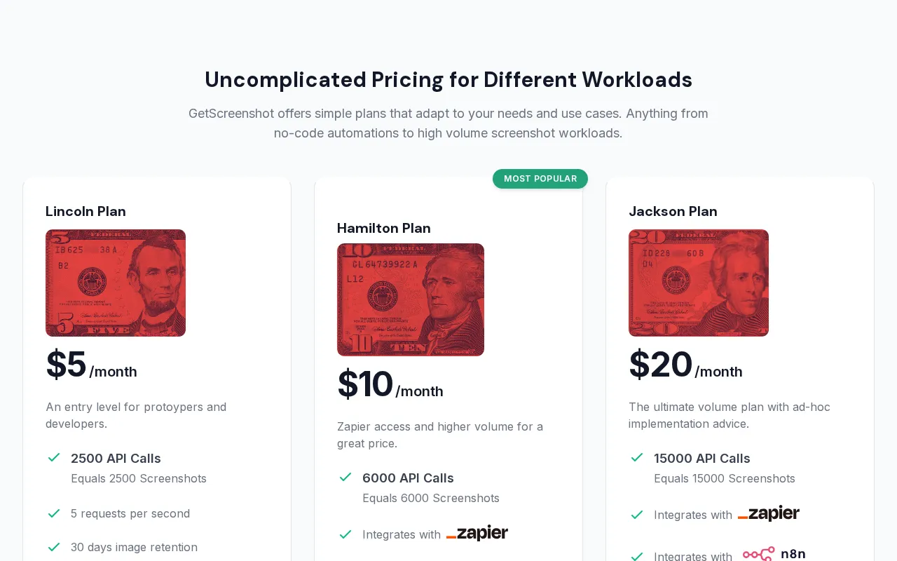 Getscreenshotapi — pricing page