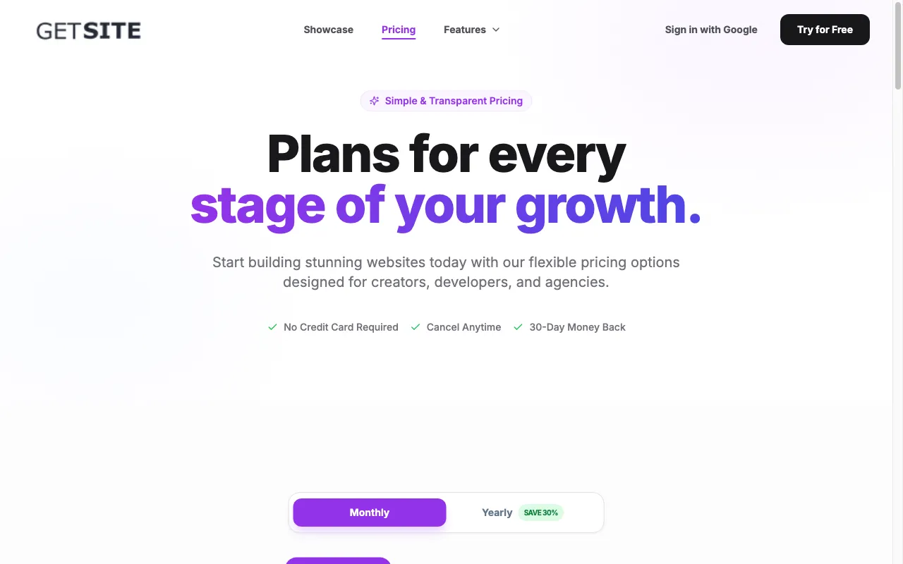GetSite — pricing page