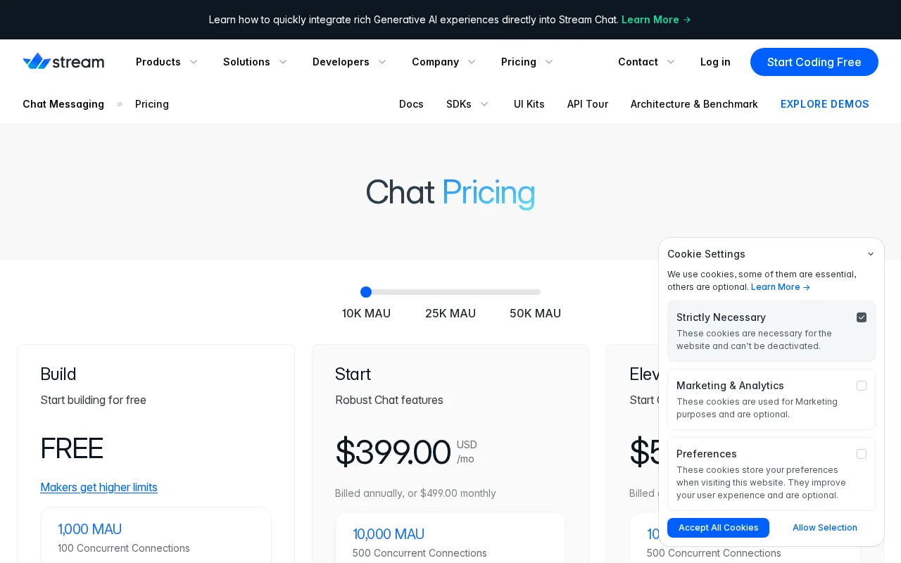 getstream.io — pricing page