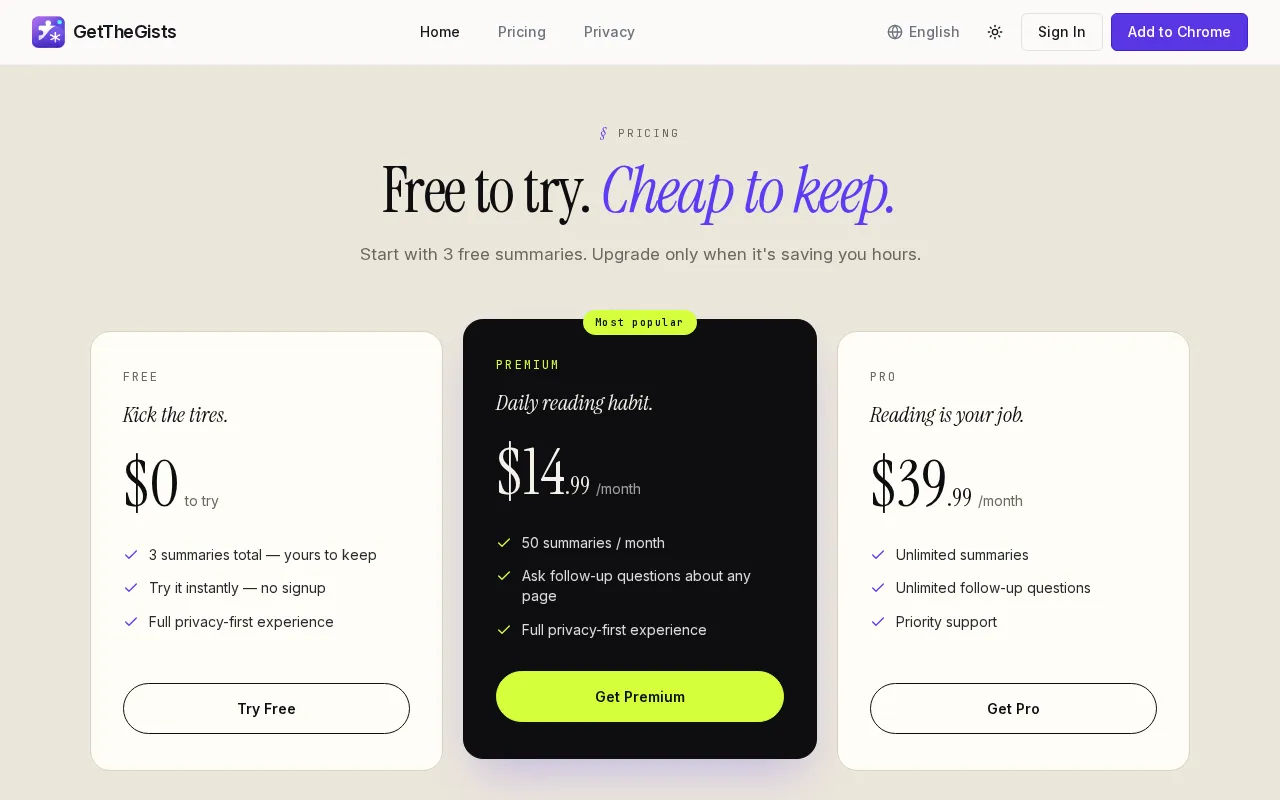 GetTheGists — pricing page
