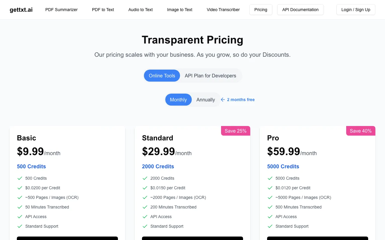 GetTxt.AI — pricing page