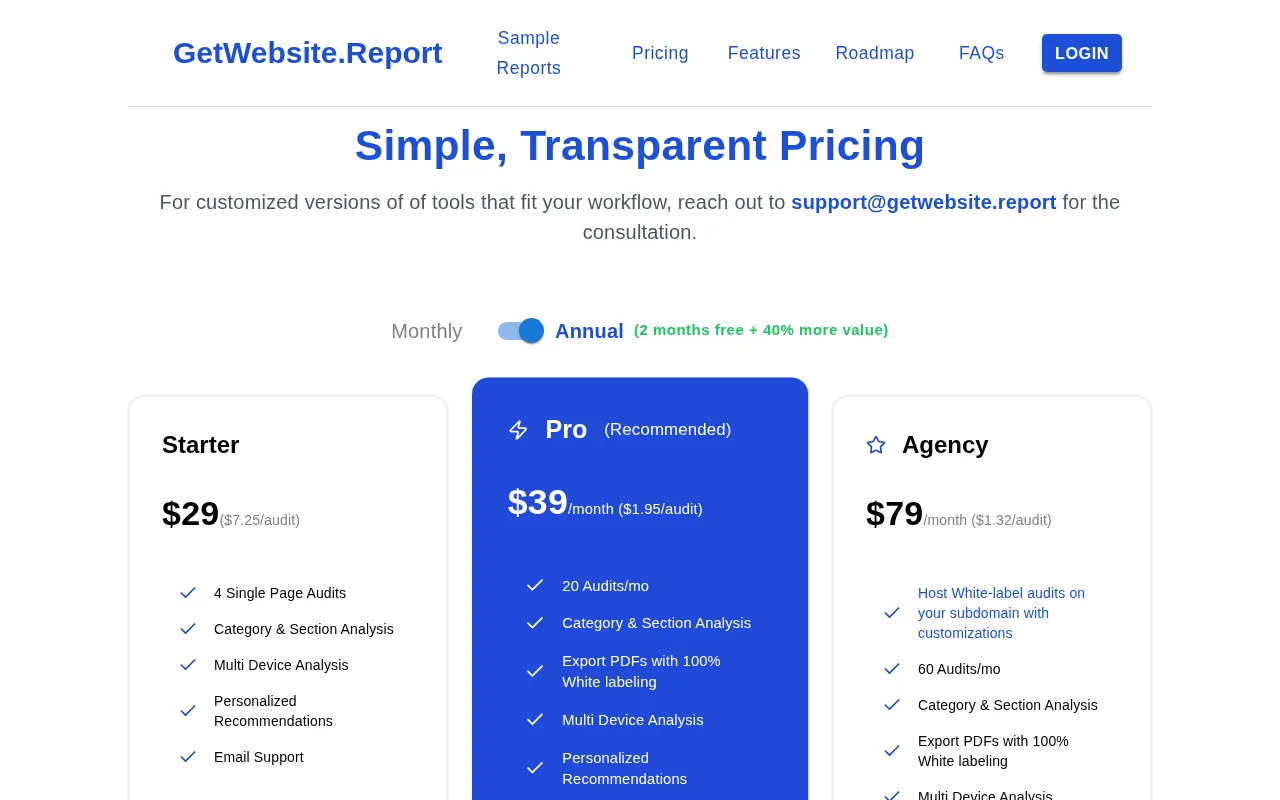 GetWebsite.Report — pricing page
