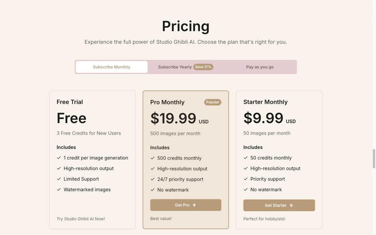Ghibli AI Generator — pricing page