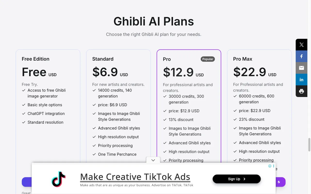 Ghibli AI Image Generator Free — pricing page