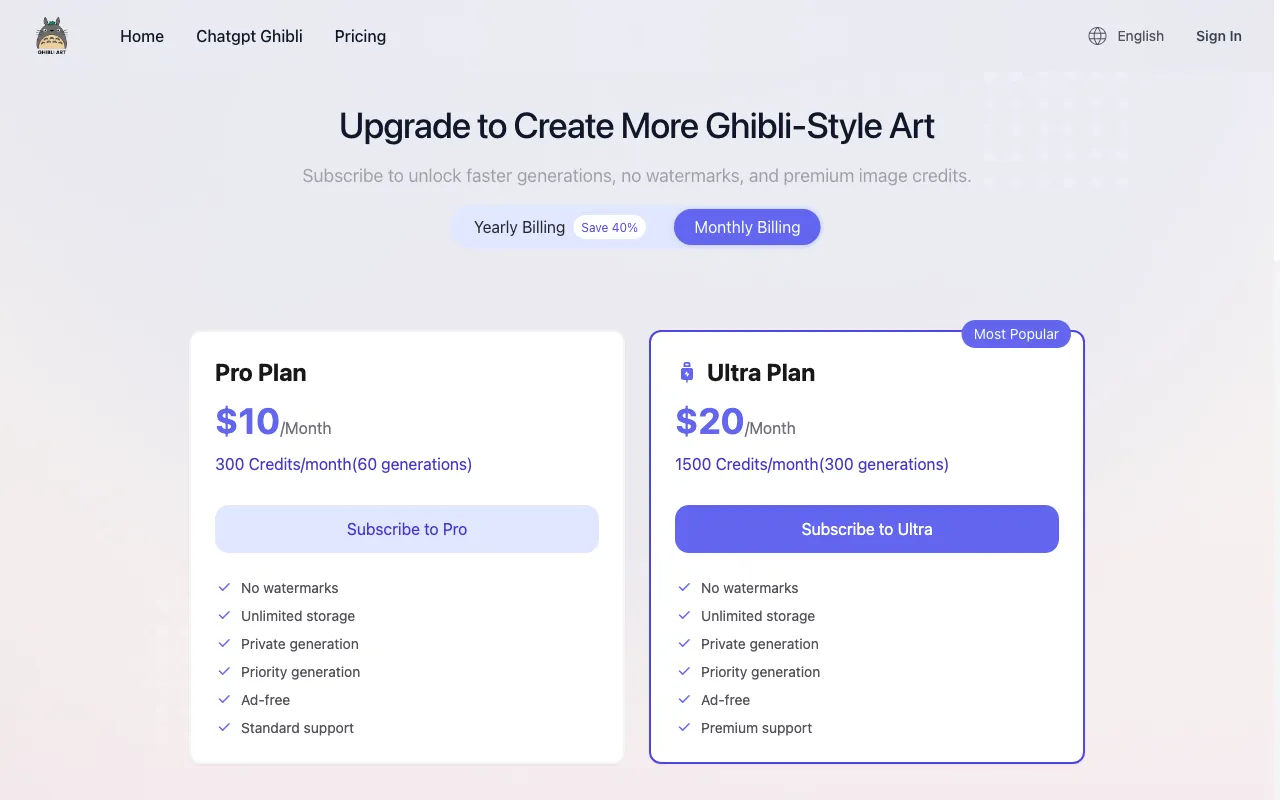 GhibliArt.ai — pricing page