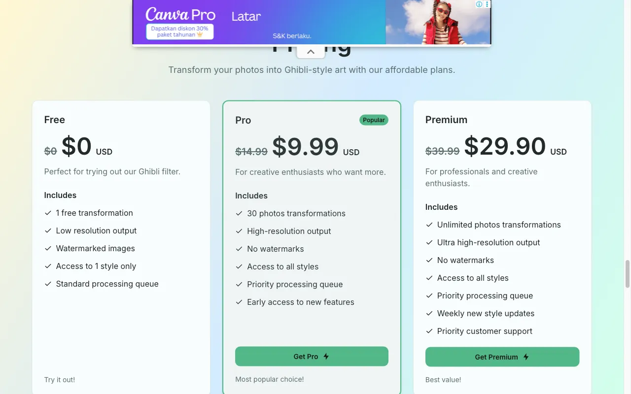 Ghibli Style — pricing page