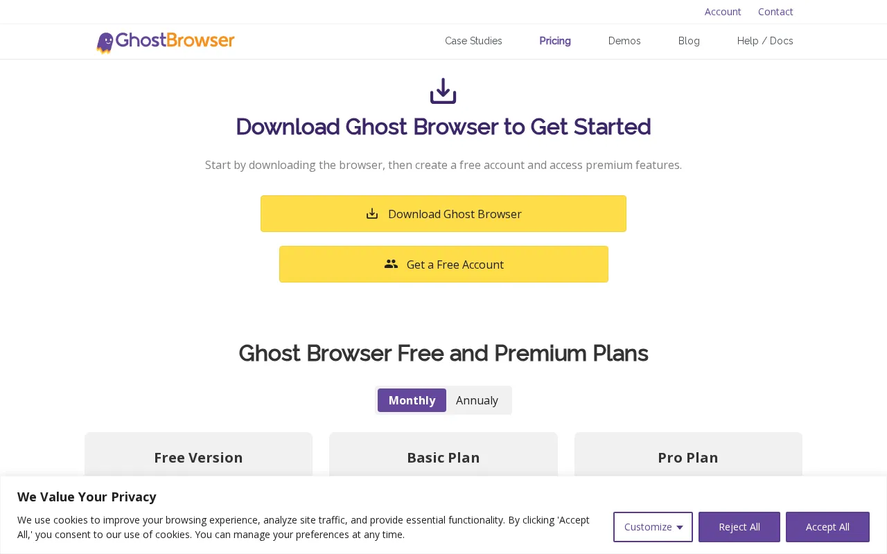 Ghost Browser — pricing page