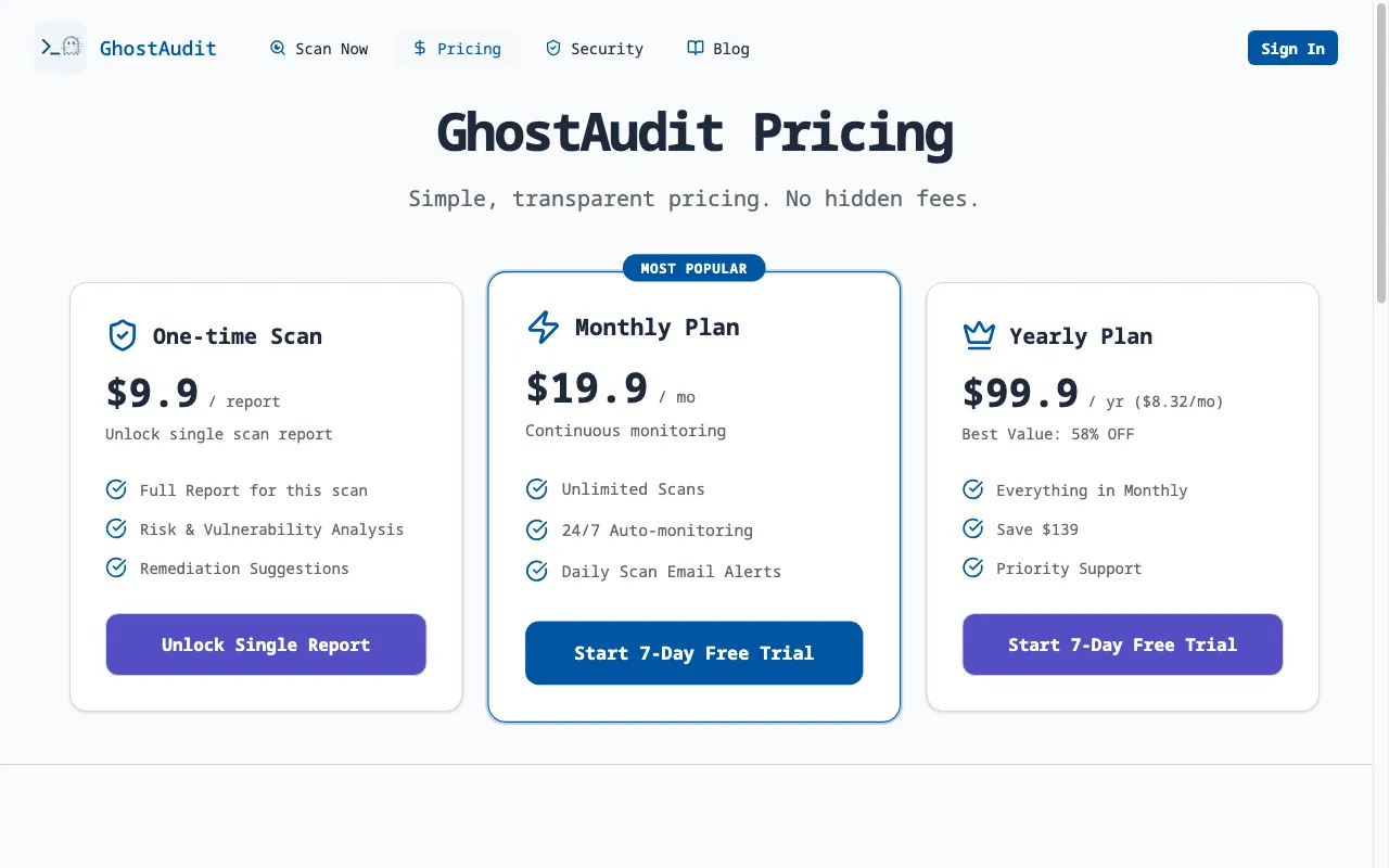 GhostAudit — pricing page