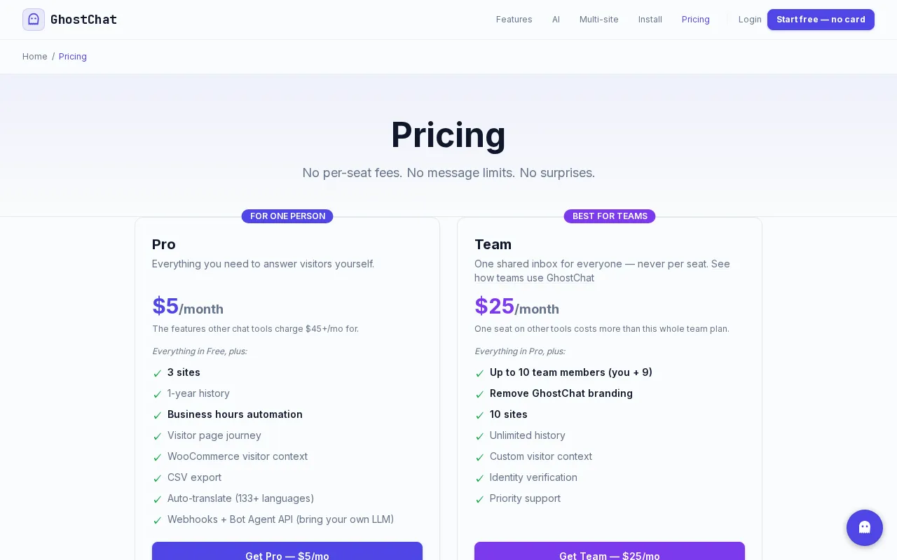 GhostChat — pricing page