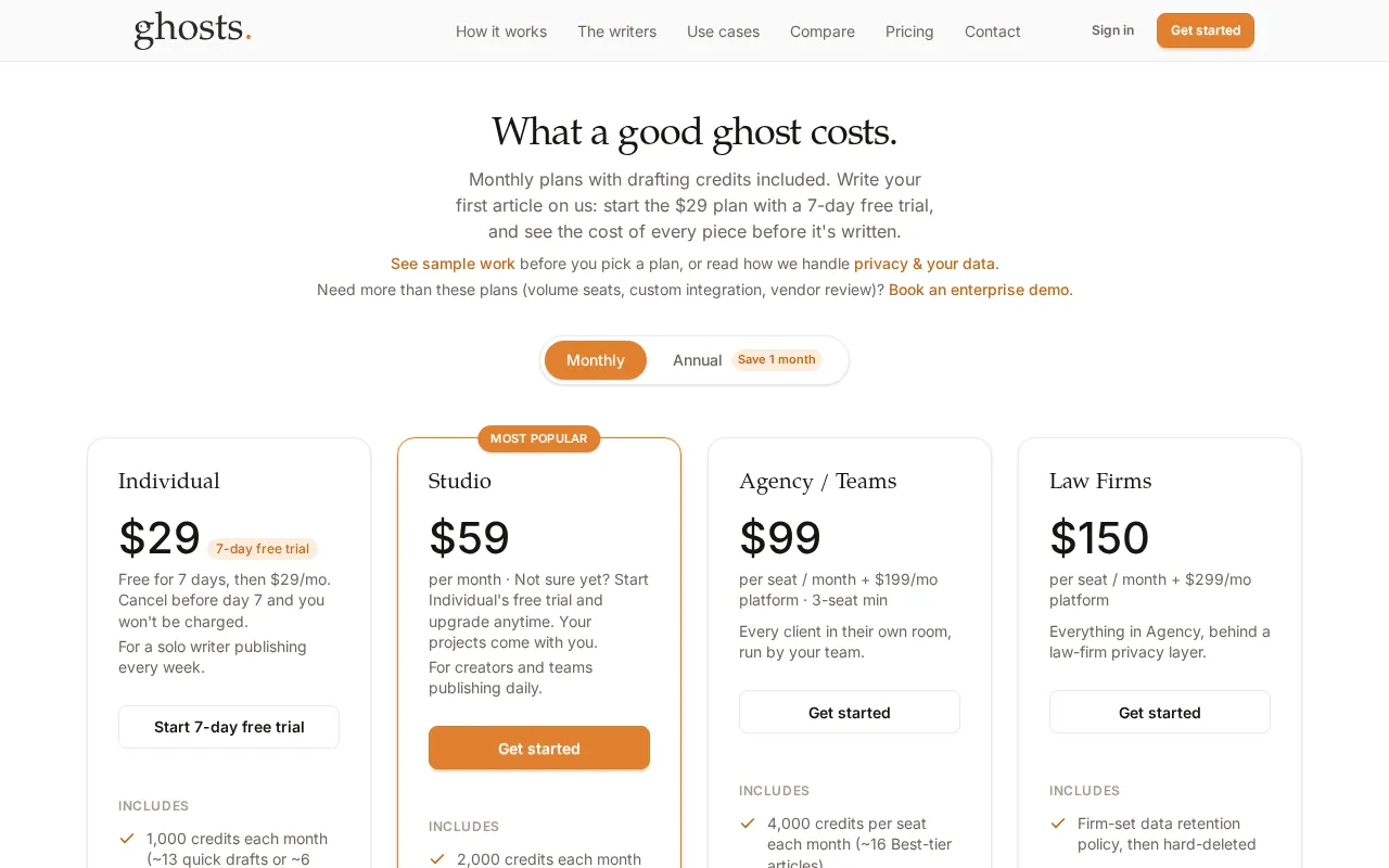 Ghosts AI Ghostwriter — pricing page