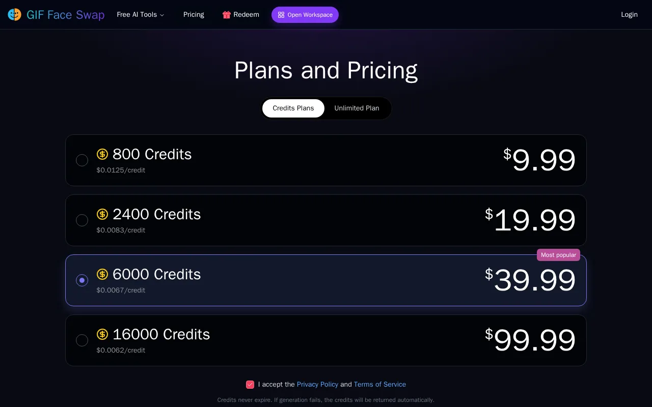 GIF Face Swap — pricing page