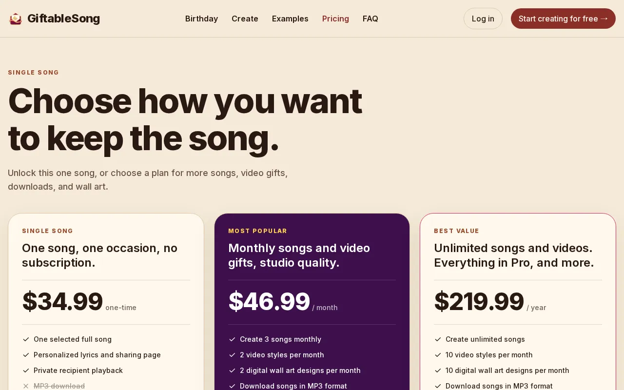 GiftableSong — pricing page