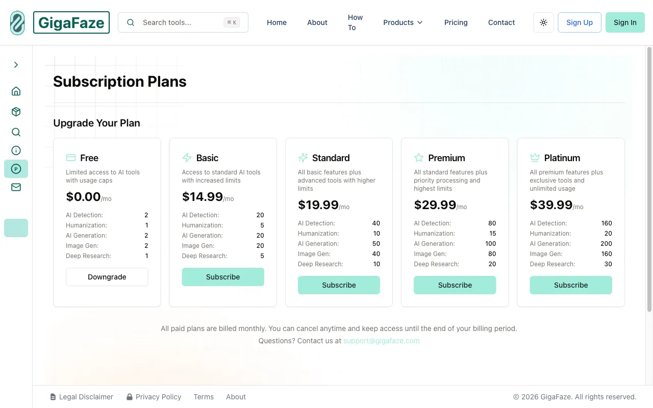 GigaFaze all in one AI Tools Agents Applications Website — pricing page