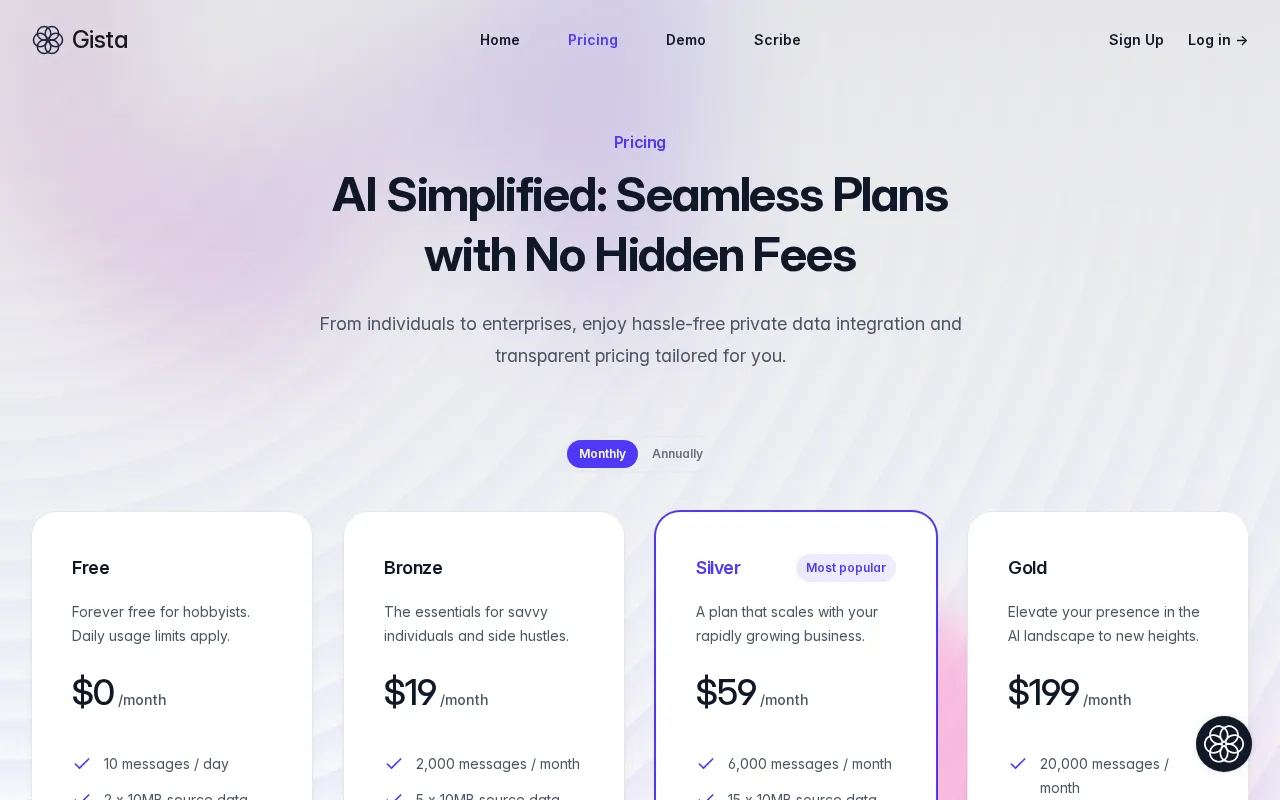 Gista — pricing page