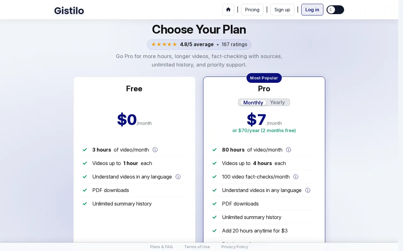 Gistilo — pricing page