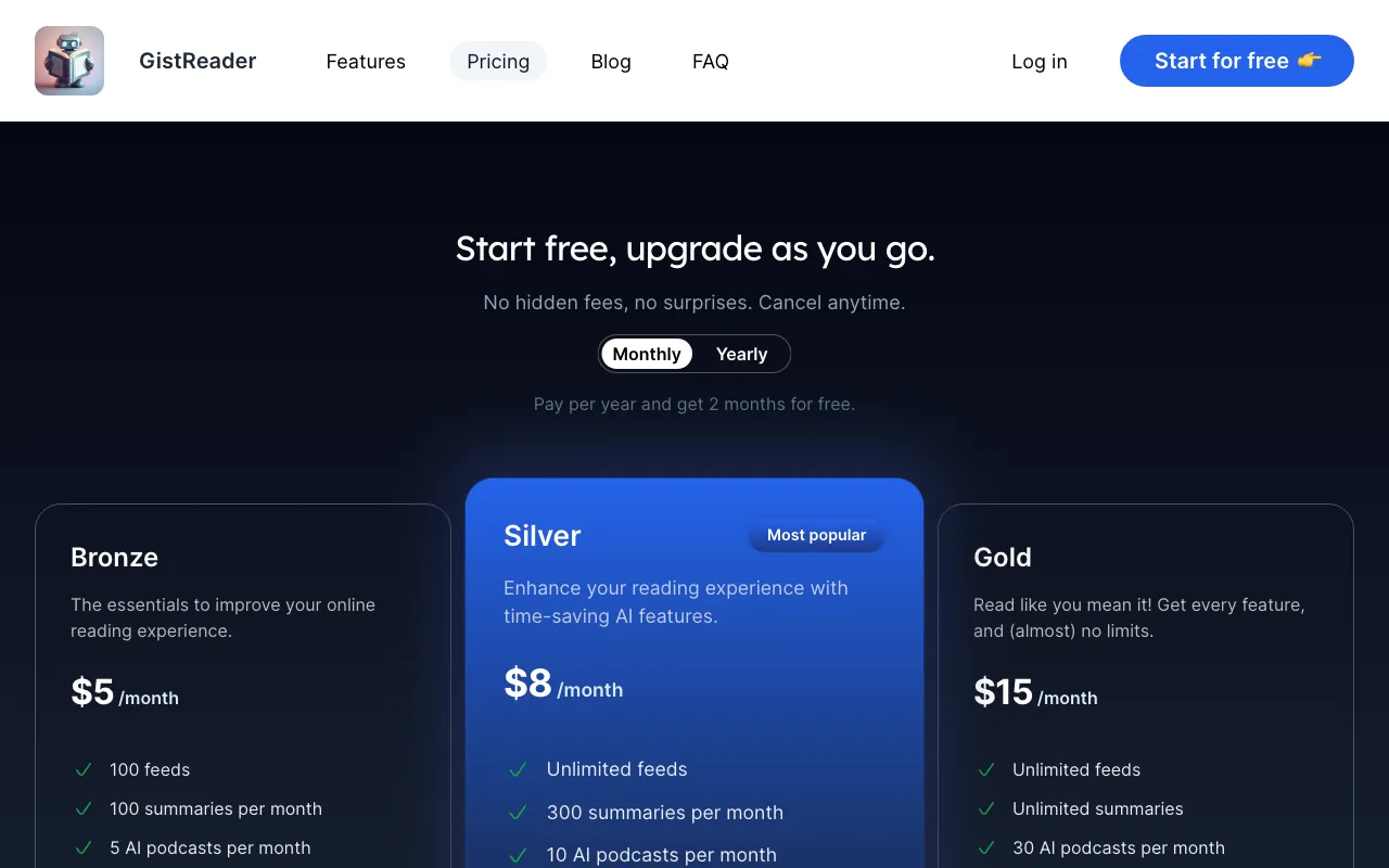 GistReader — pricing page