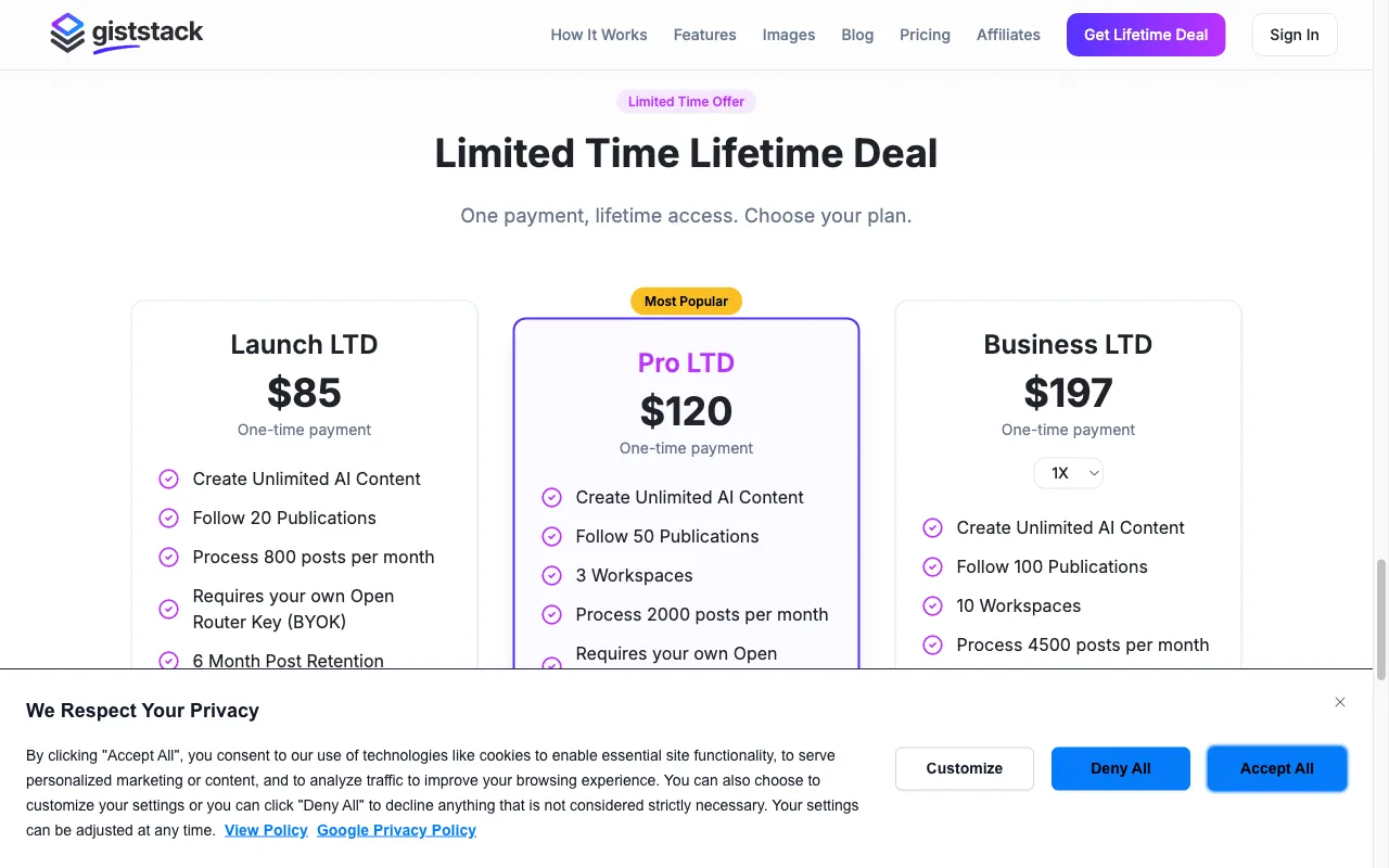 Giststack — pricing page