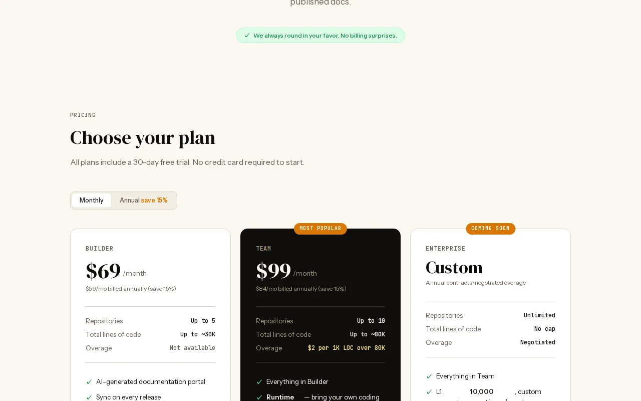 Git2Docs.com>Easily Gen Docs from Code! — pricing page