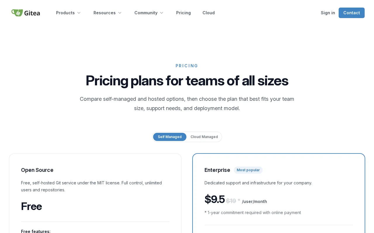 Gitea — pricing page