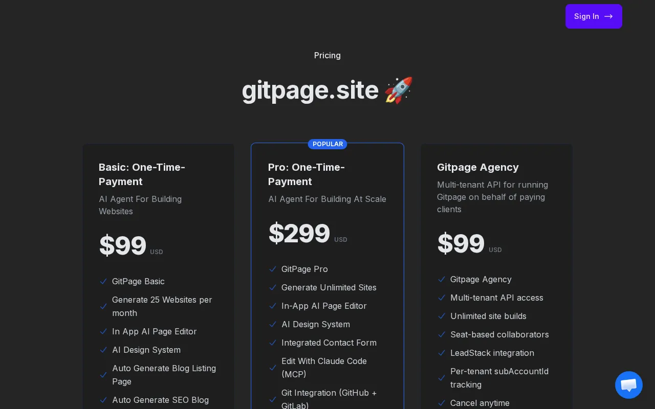 GitPage AI Website Builder — pricing page