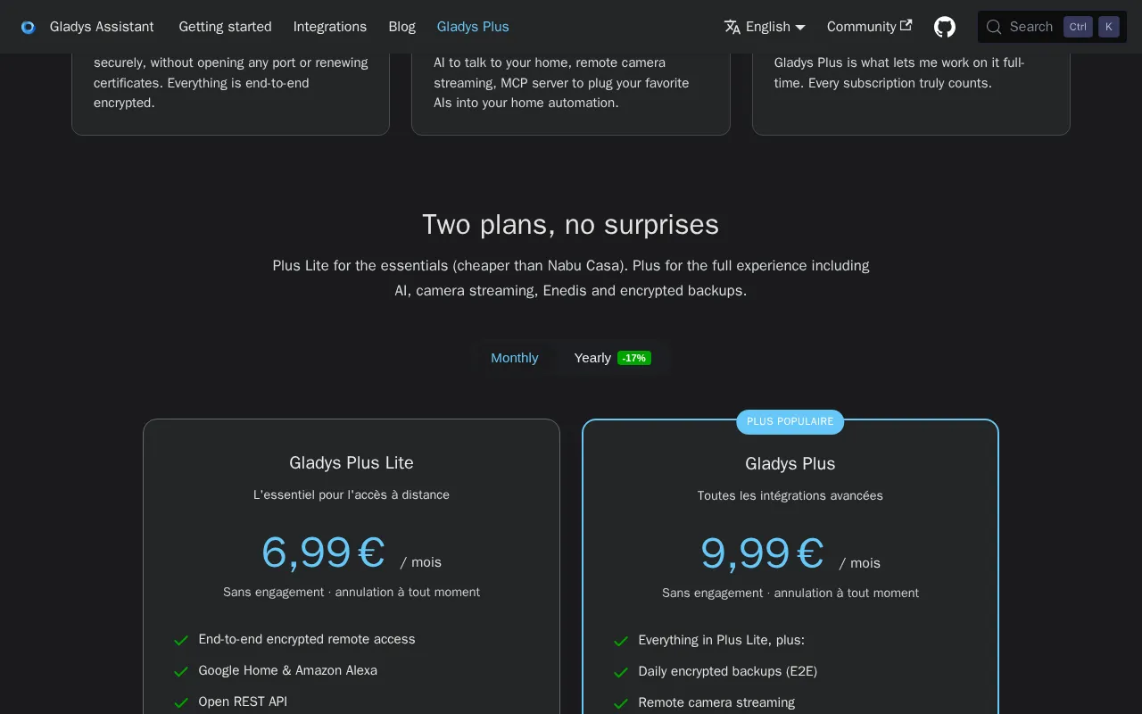 Gladys Assistant — pricing page