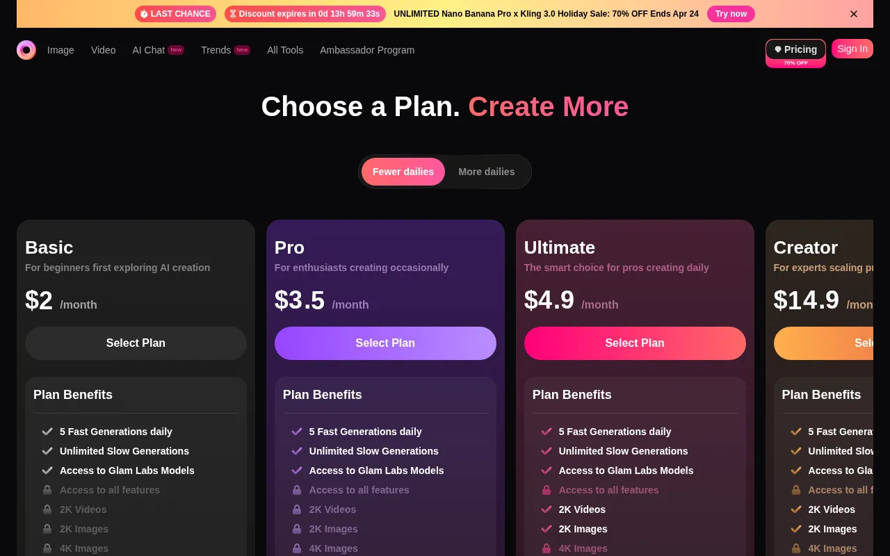 Glam AI — pricing page