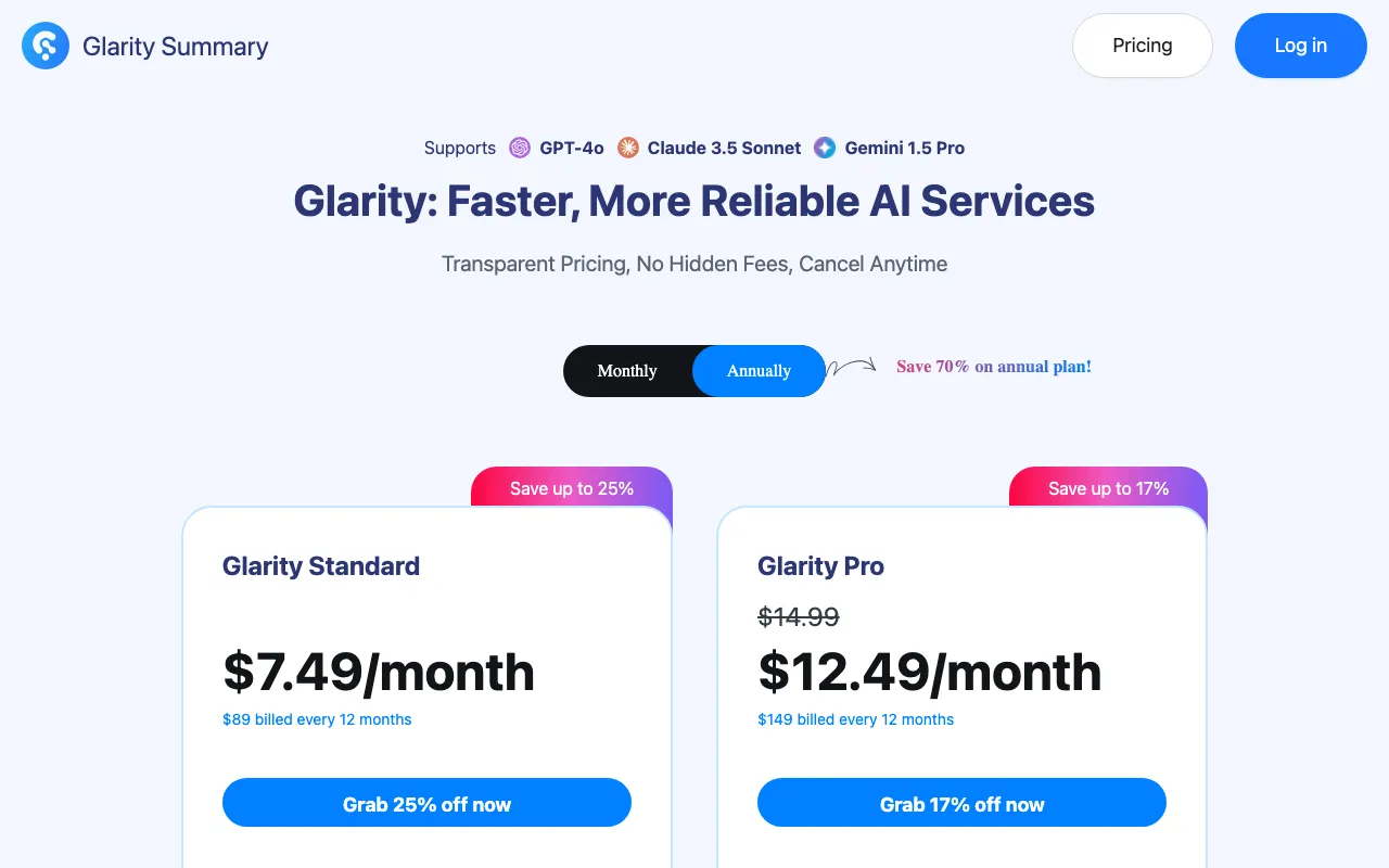 Glarity — pricing page