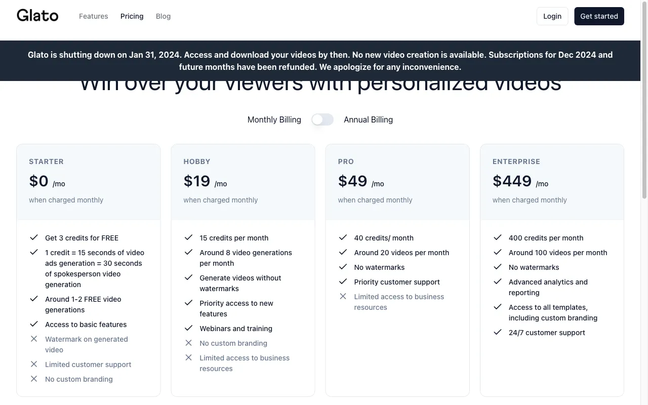 Glato AI (Beta) — pricing page