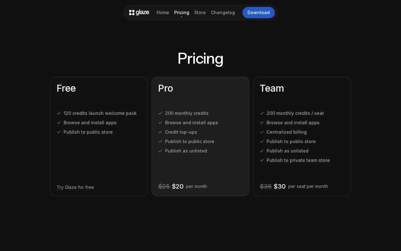 Glaze — pricing page