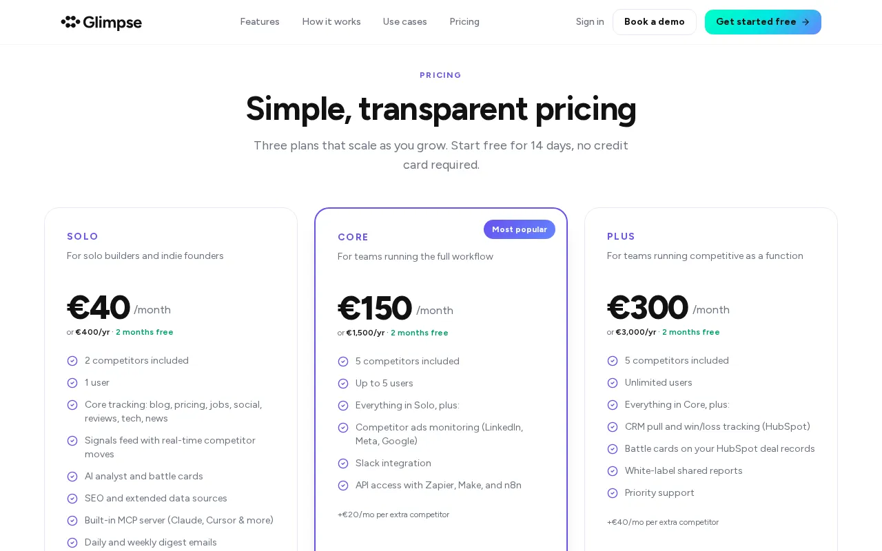 Glimpse — pricing page