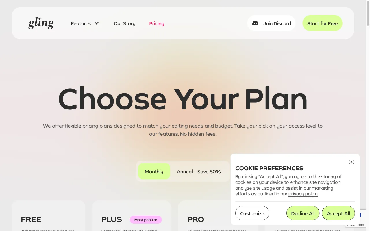 Gling — pricing page