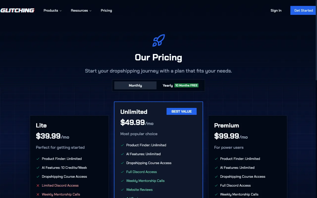 Glitching — pricing page